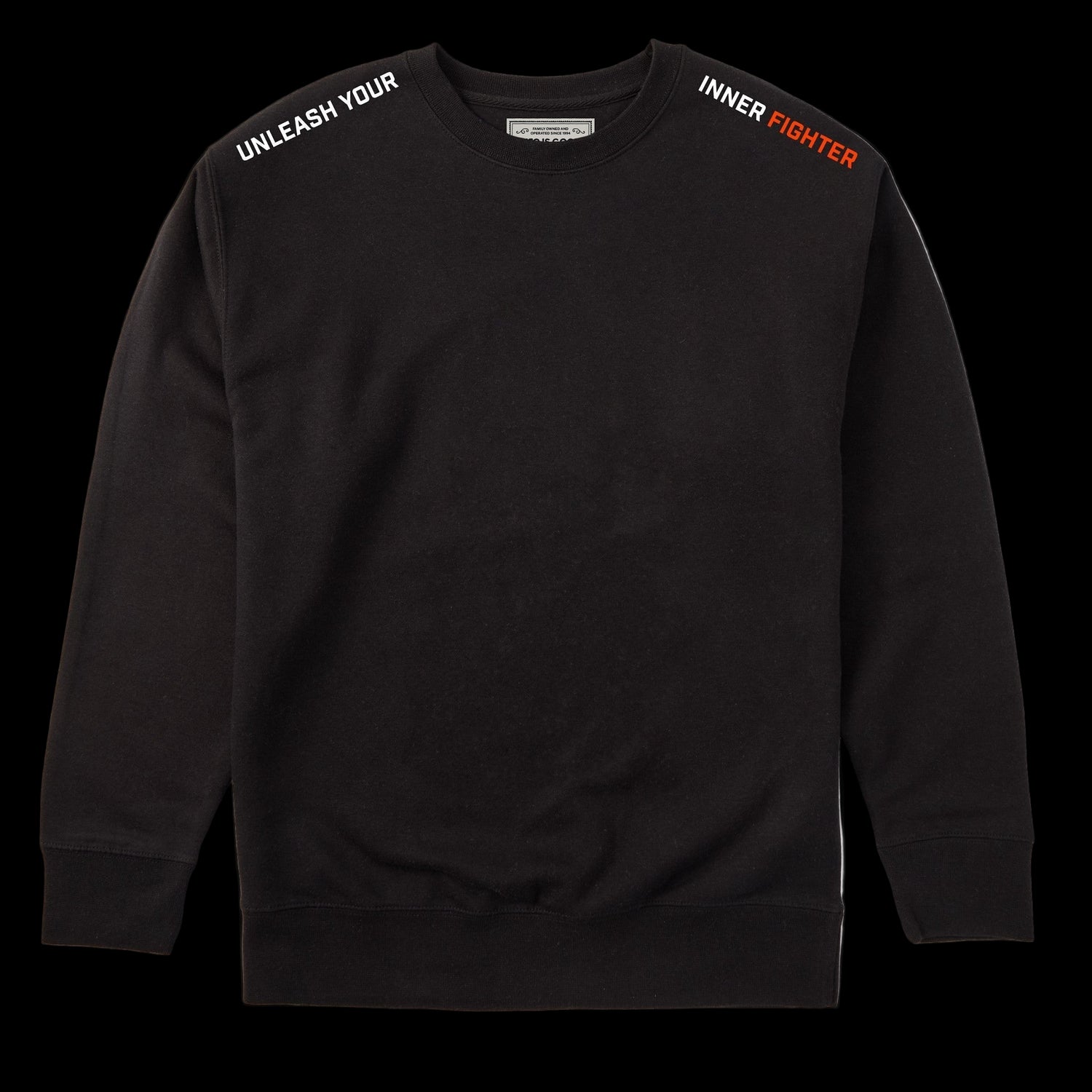Black sweatshirt with text on sleeves against a black background