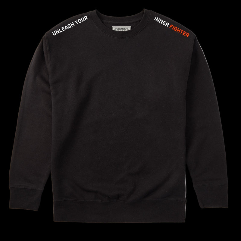 Black sweatshirt with text on sleeves against a black background