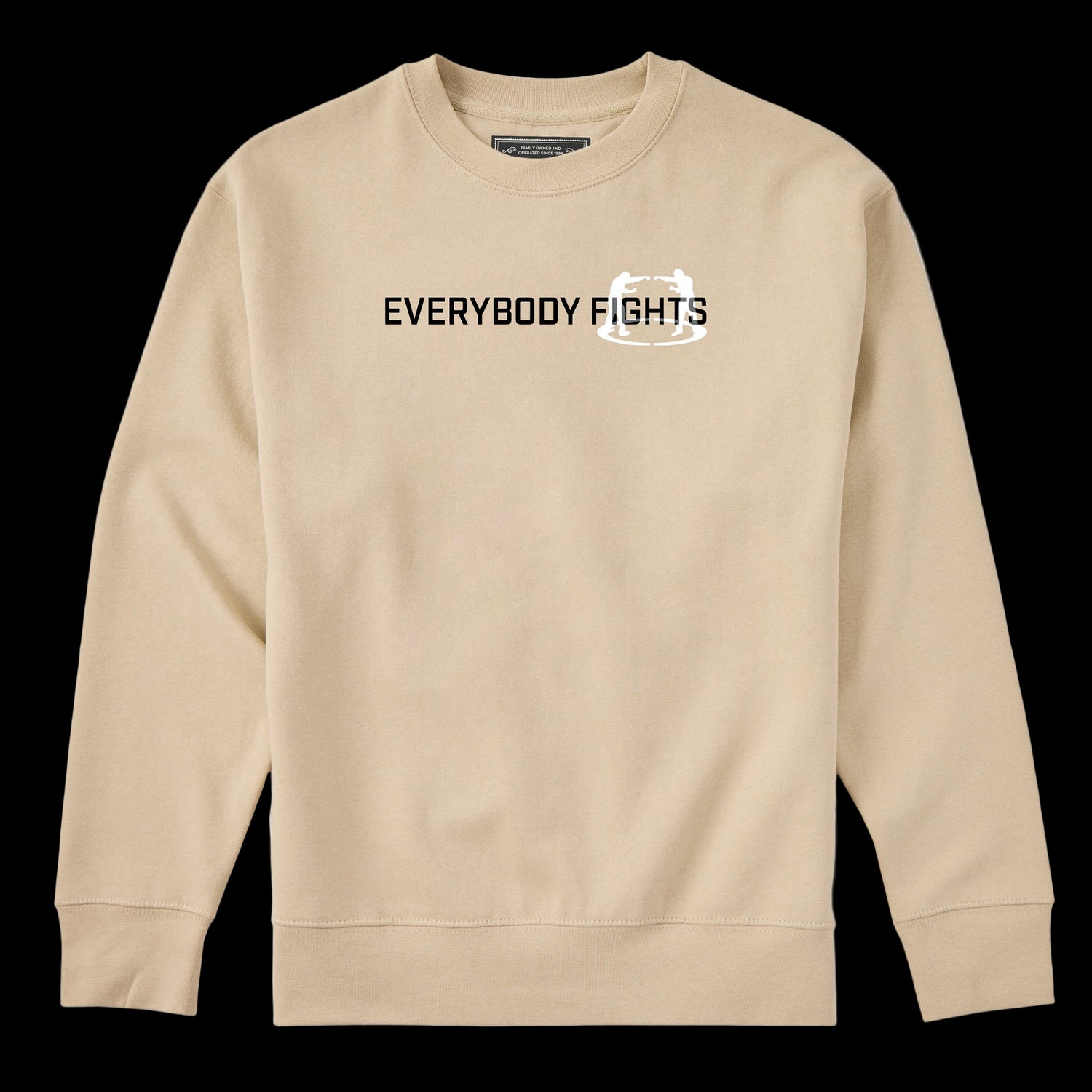 Beige sweatshirt with 'EVERYBODY FIGHTS' text on a white background