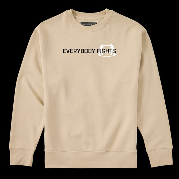 Beige sweatshirt with 'EVERYBODY FIGHTS' text on a white background