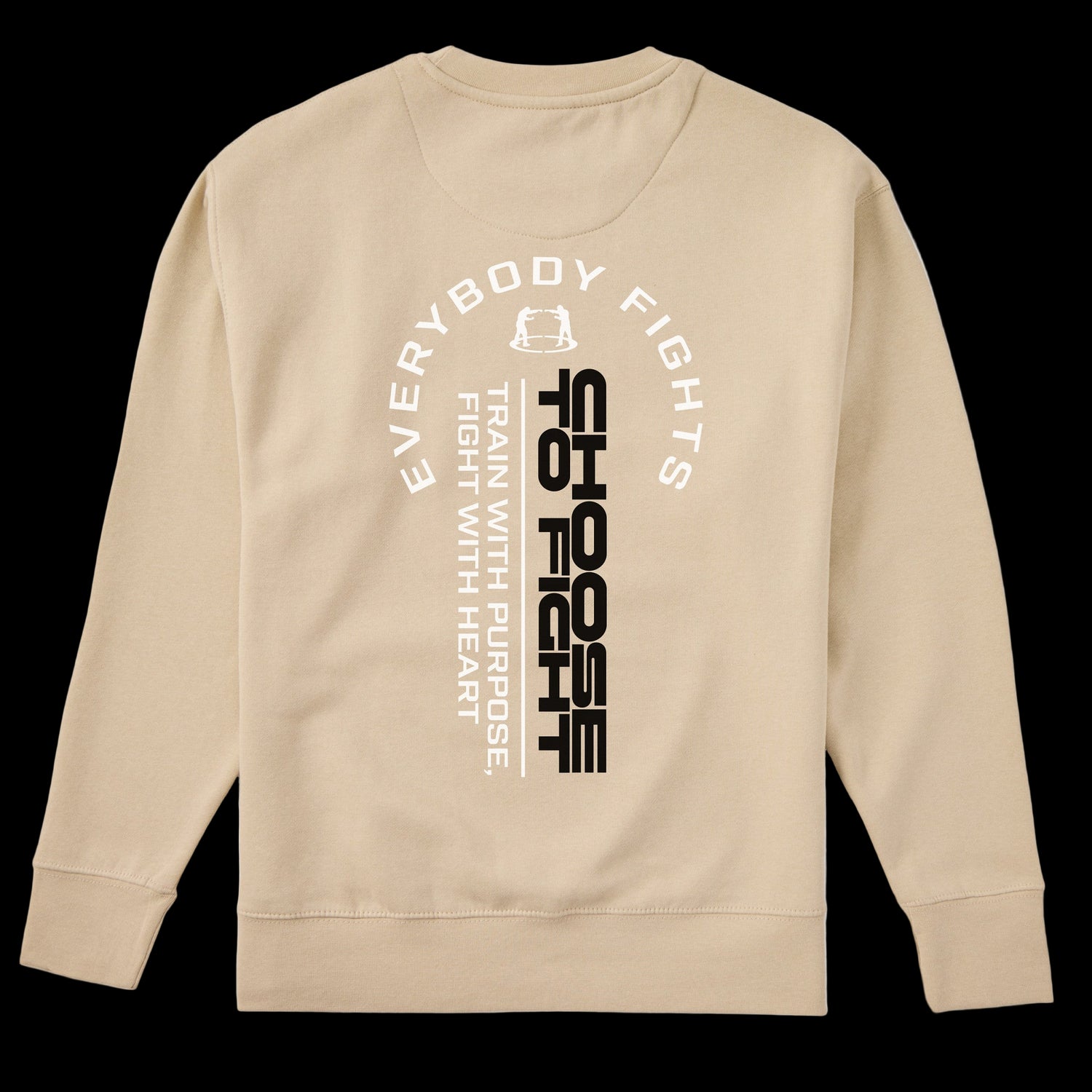 Beige sweatshirt with motivational text design on a white background