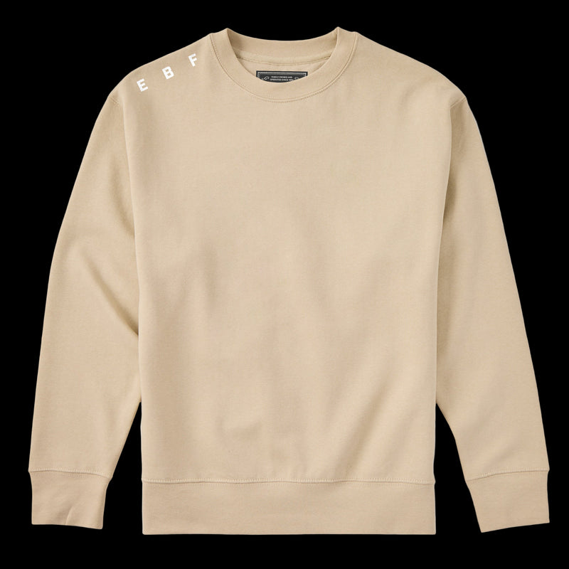 Beige sweatshirt with 'EBF' branding on a black background