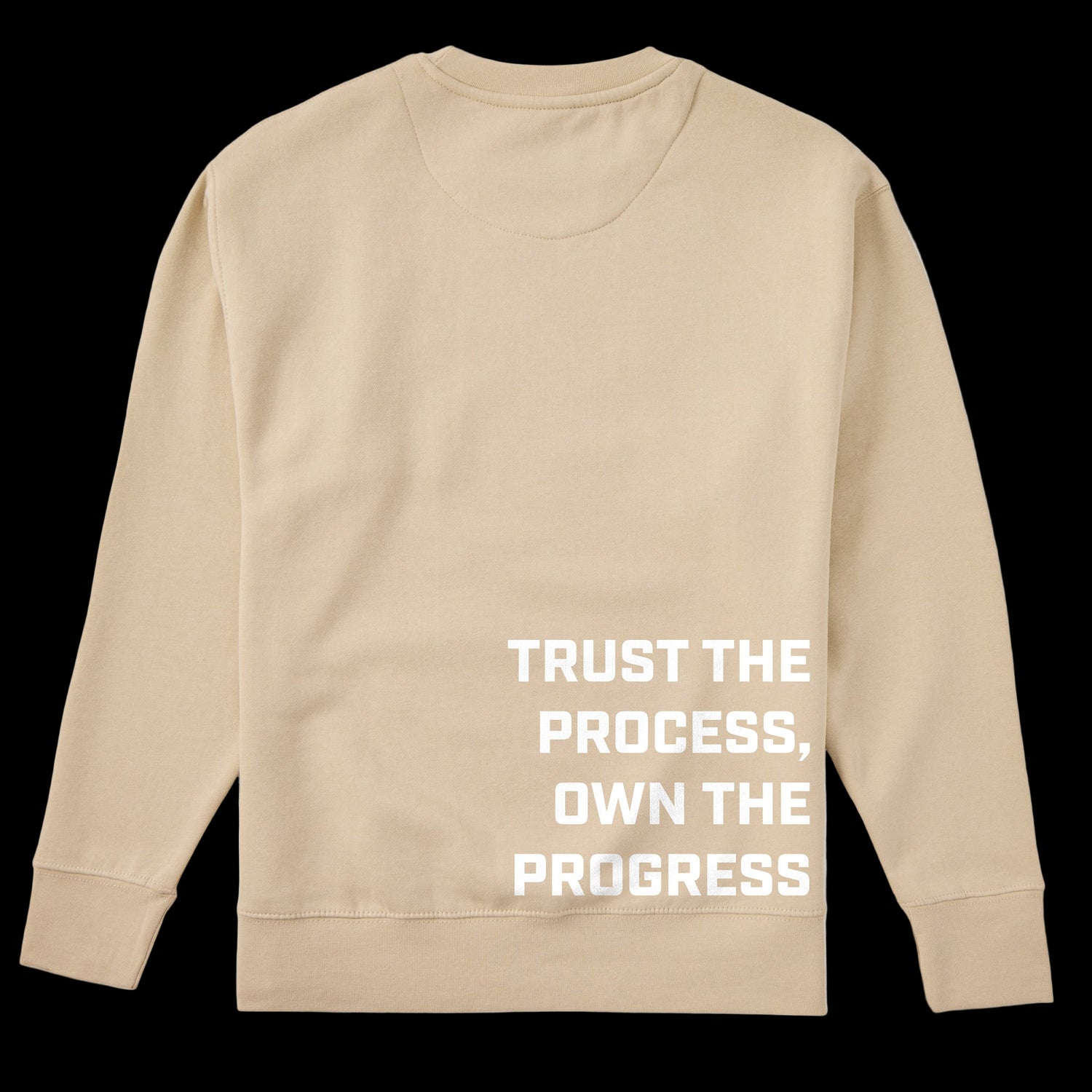 Beige sweatshirt with 'Trust the process, own the progress' text on a black background