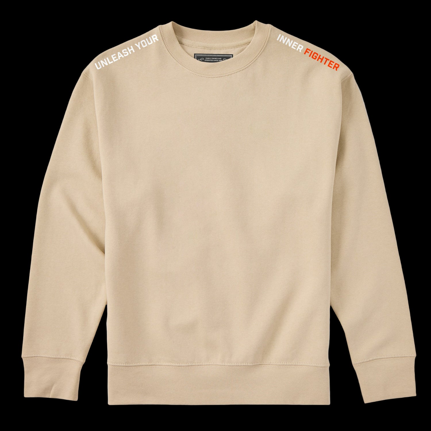 Beige sweatshirt with text on sleeves against a white background
