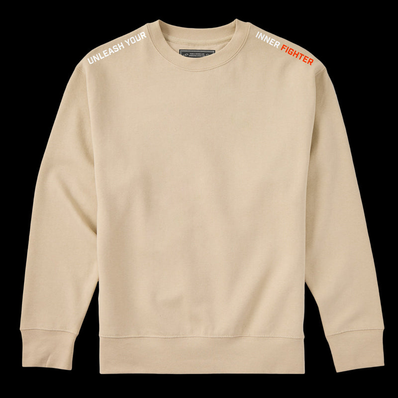 Beige sweatshirt with text on sleeves against a white background