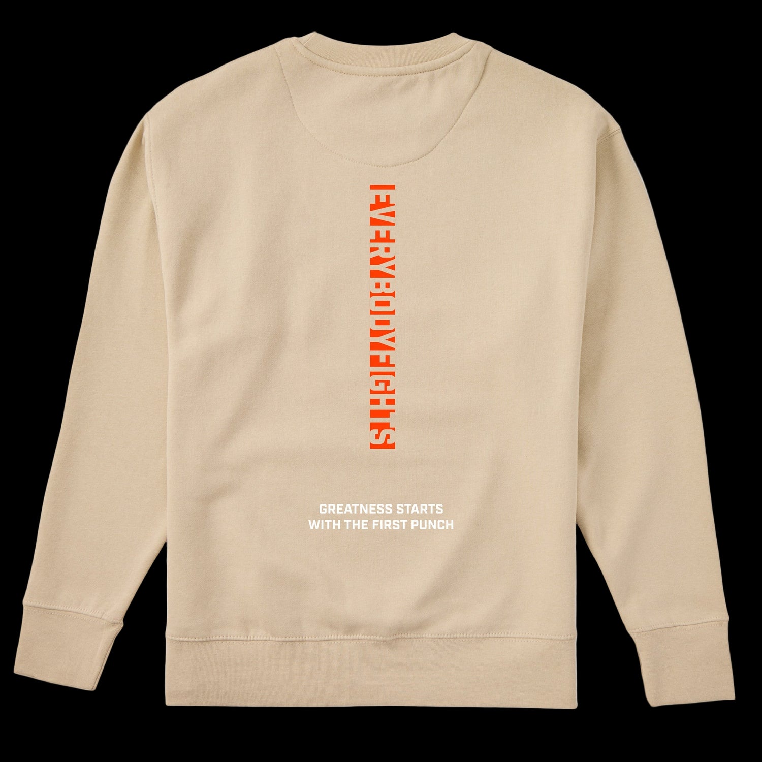 Beige sweatshirt with red and white text on a white background