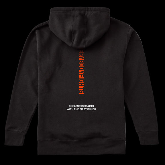 Black hoodie with text on the back on a white background