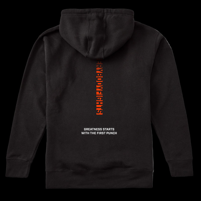 Black hoodie with text on the back on a white background
