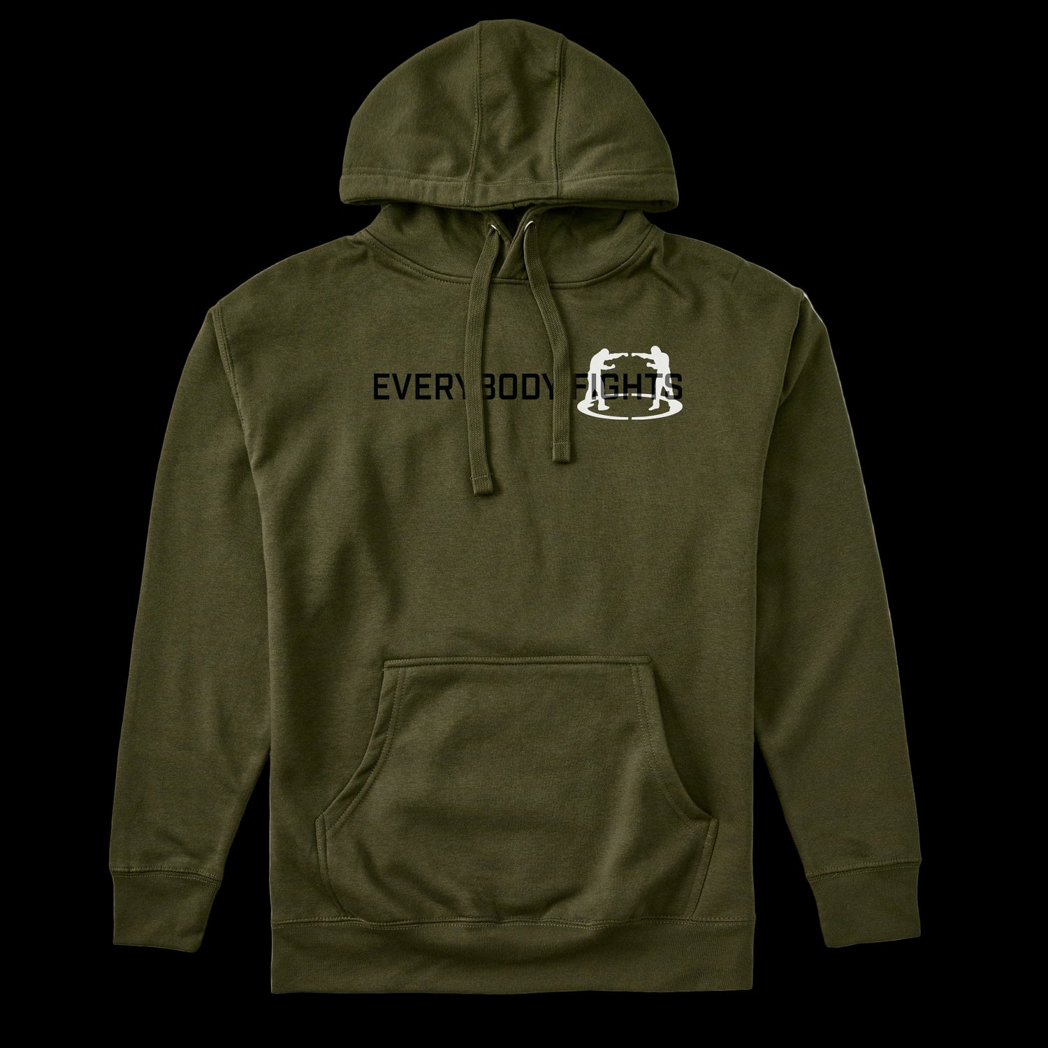 Green hoodie with 'Everybody Fights' text and logo on a white background