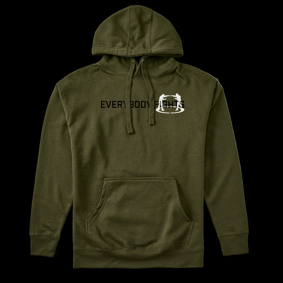 Green hoodie with 'Everybody Fights' text and logo on a white background
