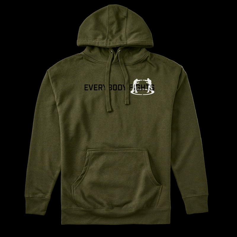 Green hoodie with 'Everybody Fights' text and logo on a white background