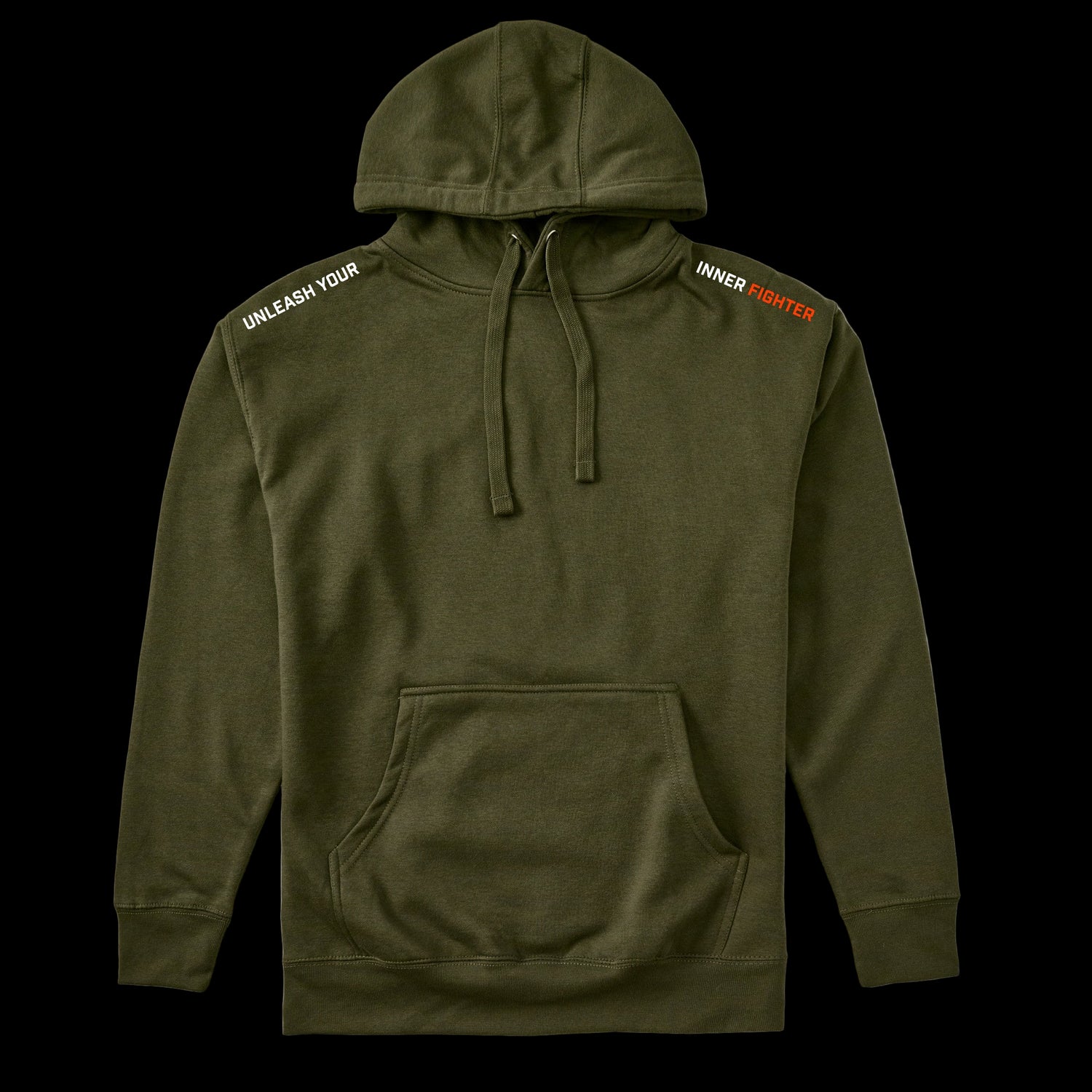 Green hoodie with text on sleeves on a black background