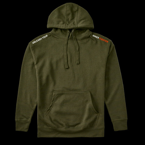 Green hoodie with text on sleeves on a black background
