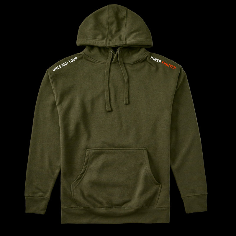 Green hoodie with text on sleeves on a black background