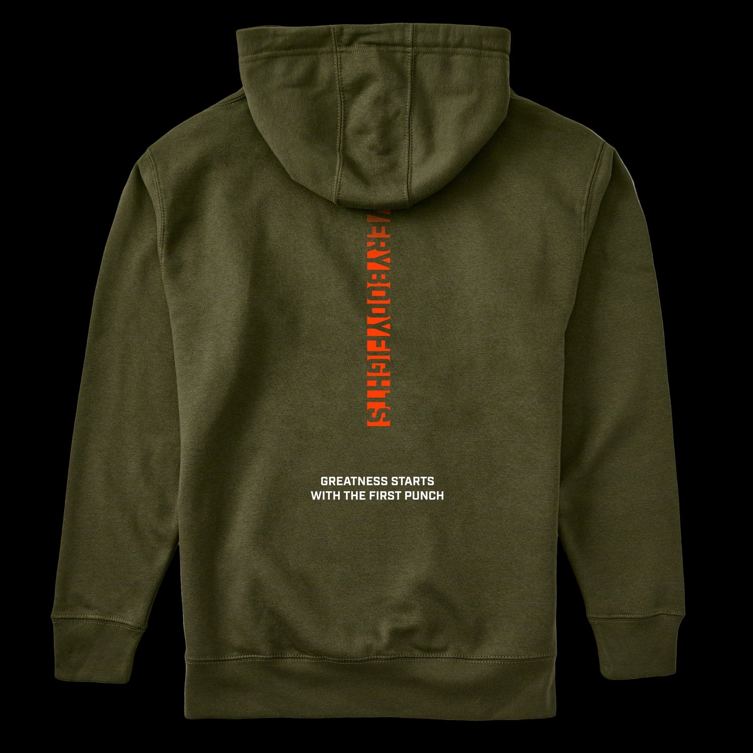 Green hoodie with text on the back on a white background