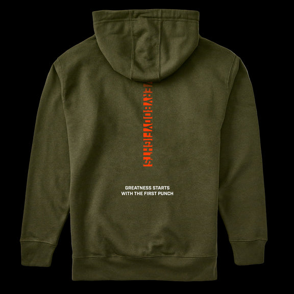 Green hoodie with text on the back on a white background