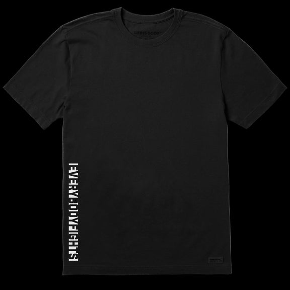 Black t-shirt with white EVERYBODYFIGHTS text on a white background