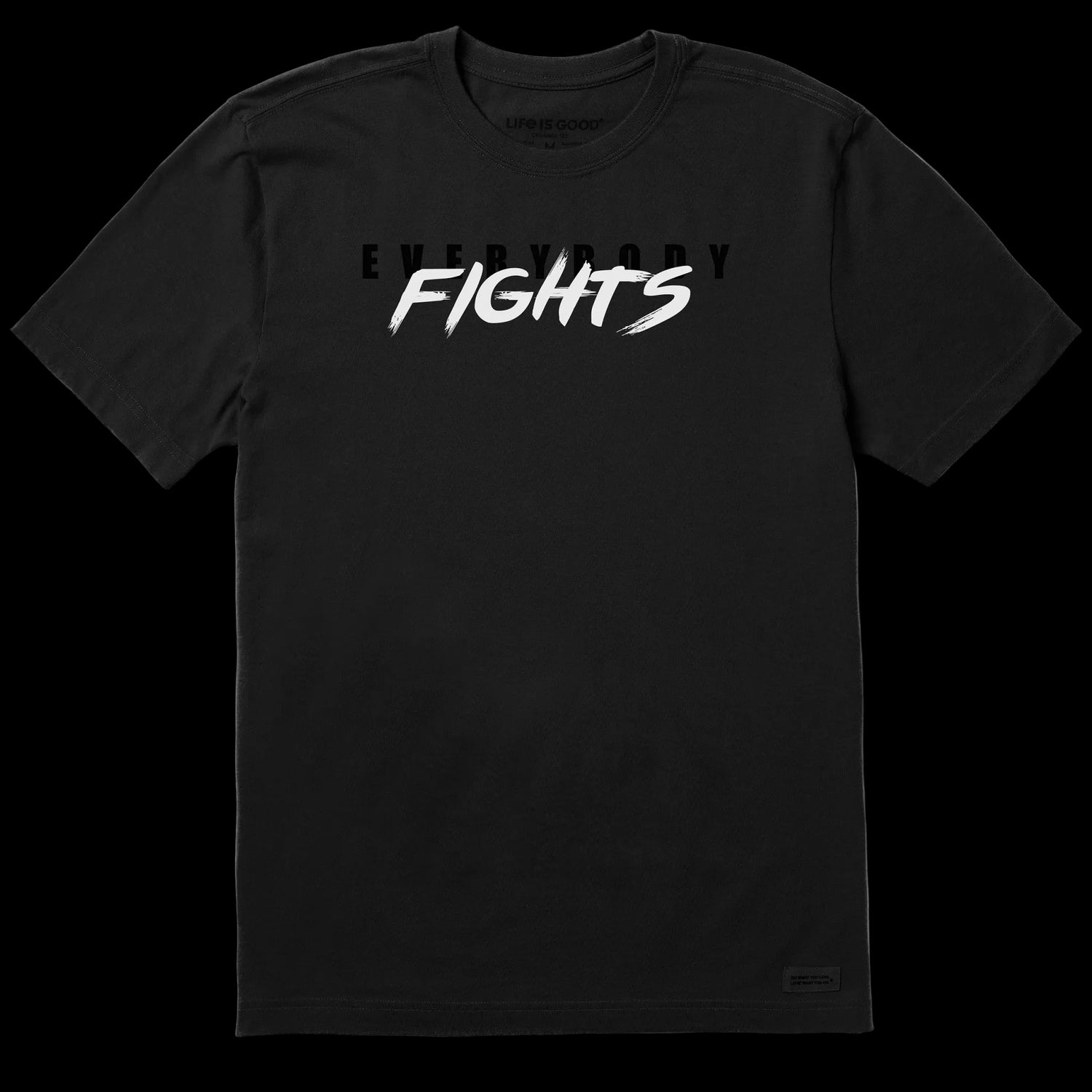 Black t-shirt with 'EVERYBODYFIGHTS' text on a white background