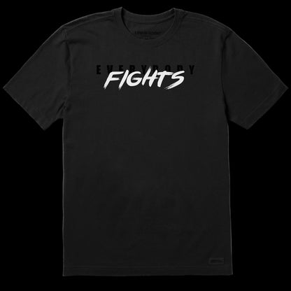 Black t-shirt with 'EVERYBODYFIGHTS' text on a white background
