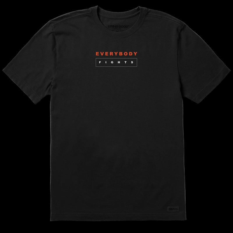 Black t-shirt with 'EVERYBODY FIGHTS' text on a white background