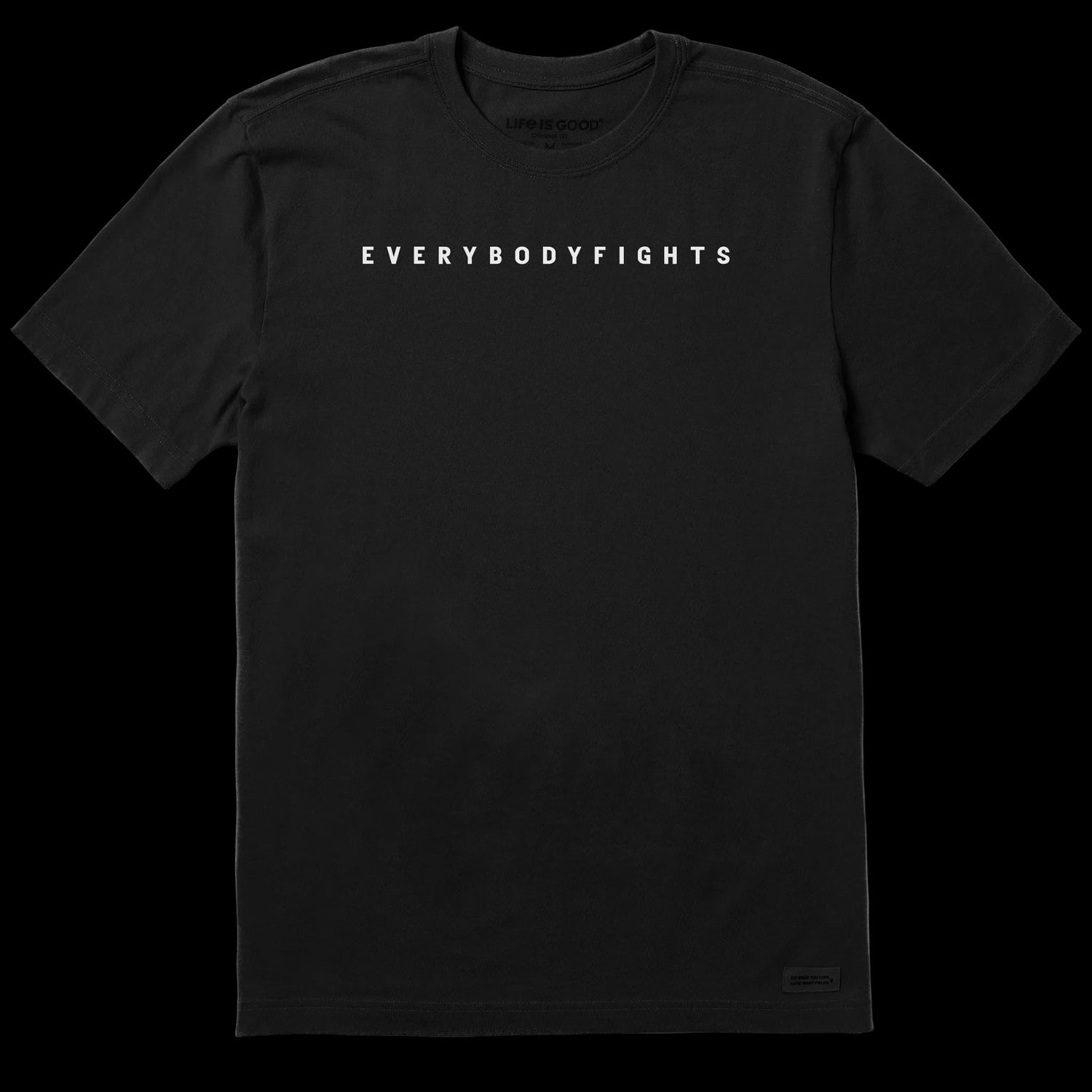 Black t-shirt with 'EVERYBODYFIGHTS' text on a white background