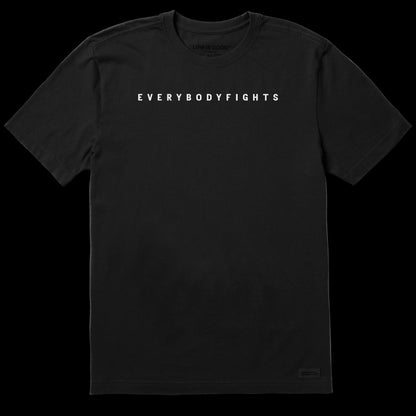Black t-shirt with 'EVERYBODYFIGHTS' text on a white background