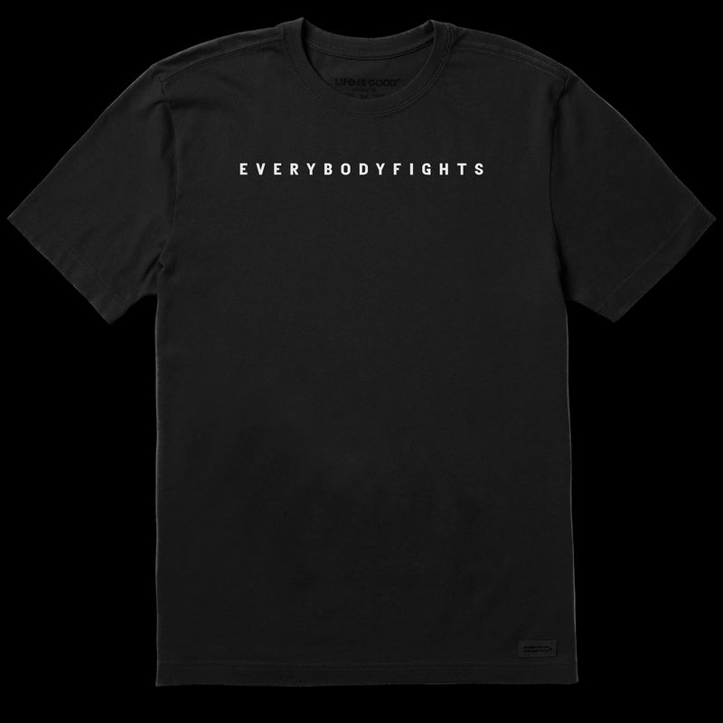Black t-shirt with 'EVERYBODYFIGHTS' text on a white background